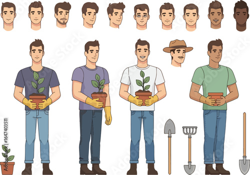 Cartoon gardener with plants and tools, various skin tones and hairstyles.