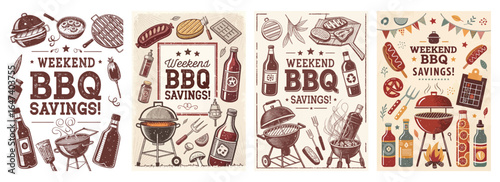 Colorful BBQ-themed illustrations featuring grills, drinks, and food, perfect for summer promotions.