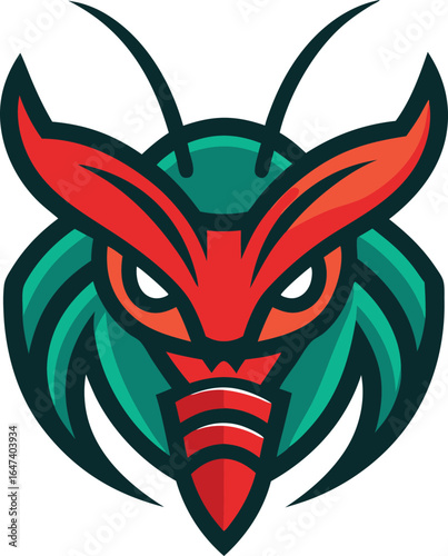 Aggressive red and teal insect mascot logo