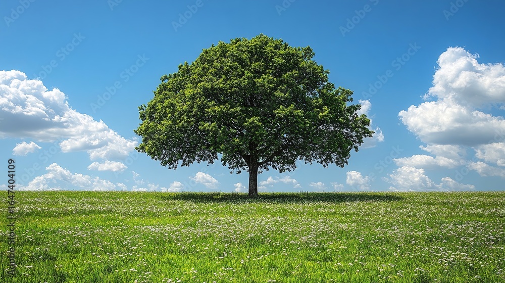 Fototapeta premium Solitary tree in a field under a vibrant blue sky.