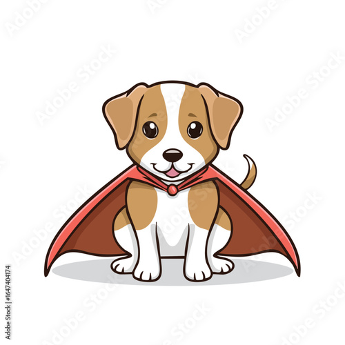 A charming cartoon illustration of a superhero puppy wearing a red cape, sitting and smiling.