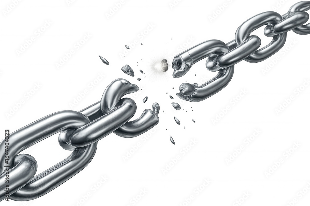 Fototapeta premium Metal chain shattering, generating bright sparks against transparent backdrop, symbolizing liberation from constraints