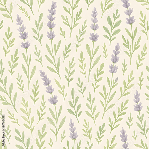 Lavender Field Pattern: A serene pattern showcases a collection of lavender flowers and leaves. A beautiful, seamless design with botanical elegance.