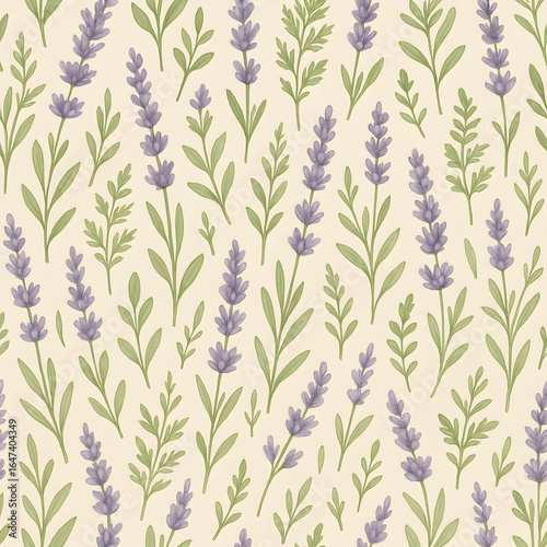 Lavender Field Pattern: A captivating illustration showcasing a repetitive design, displaying the delicate beauty of lavender sprigs, gracefully arranged across the surface.