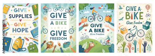Colorful illustrations promoting the themes of hope and freedom through bike donations and school supplies.