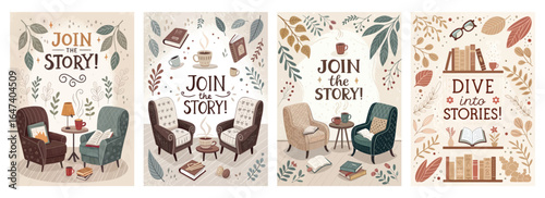 Inviting illustrations of cozy reading spaces encouraging readers to dive into stories.