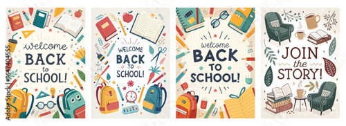 Colorful back-to-school illustrations featuring books, supplies, and inviting quotes.