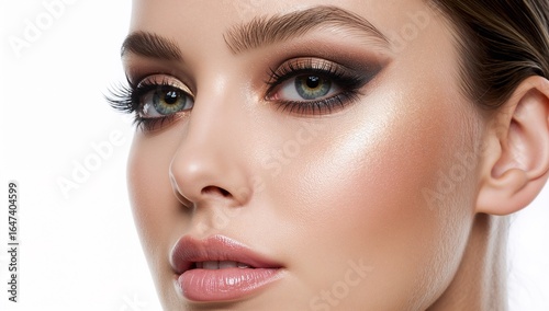 Close up of a woman with bold eye makeup and highlighted cheekbones on plain white background
