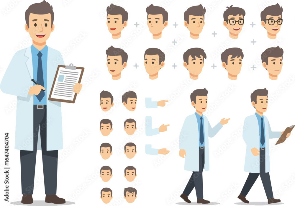 Cartoon doctor character with different poses, expressions, and body parts. Cartoon doctor character with different poses, expressions, and body parts.