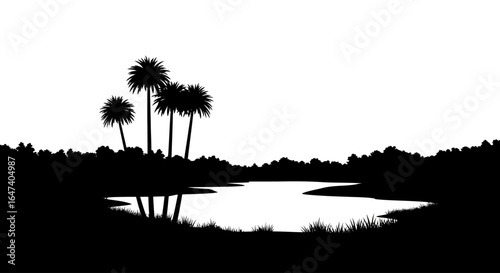serene lakeside oasis black and white silhouette of palm trees and tranquil water for relaxation and travel designs