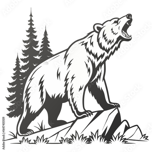 Stylized illustration of a roaring grizzly bear standing on rocks with pine trees