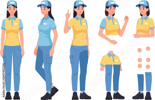 Cartoon woman in uniform with cap in various poses and separate parts.