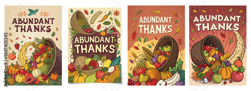 Colorful autumn illustrations featuring cornucopias and the phrase 'Abundant Thanks' celebrating harvest season.