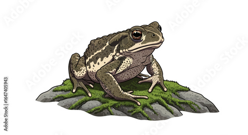 detailed illustration of a common toad perched on mossy rock ideal for nature documentaries educational materials or childrens books