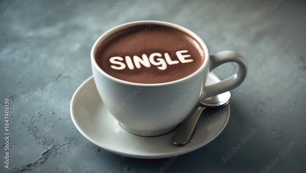 Fototapeta premium A cup of coffee with the word SINGLE on top, placed on a saucer with a spoon.