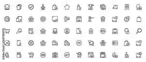 Online Store icon set. E-commerce vector collection. Includes Tshirt, Shopping bag, Fast delivery, Wishlist, Customer service, Laptop, Smartphone, Promotion and more. Editable stroke.