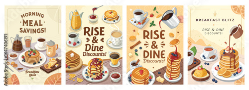 Bright and colorful breakfast illustrations featuring pancakes, coffee, and various toppings with discount themes.