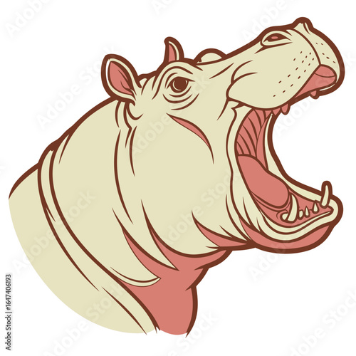 Colored illustration of a hippopotamus head with open mouth, isolated on white background