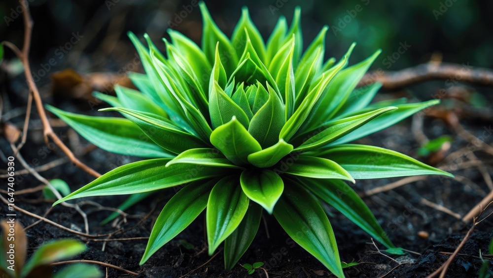 Fototapeta premium A green succulent plant with pointed leaves growing in dark soil.