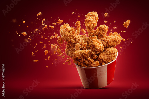 A  golden yellow fried chicken from KFC red bucket bursting out in the air. This image is a food advertisement featuring ultra-realistic stock photography