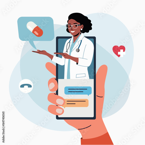 Online doctor woman. Hand holding smartphone. Vector flat style cartoon  illustration.
