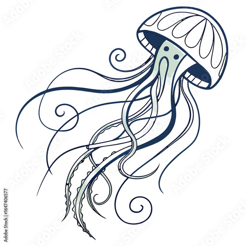 Stylized illustration of a jellyfish with long tentacles isolated on white background