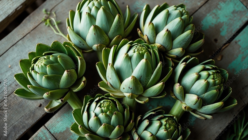 Obraz premium A cluster of green artichoke plants with thick, fleshy leaves arranged in a rosette pattern.