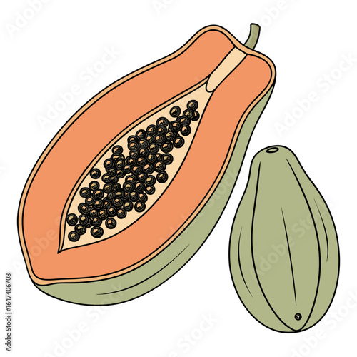 Papaya cut in half with whole papaya, isolated on white background