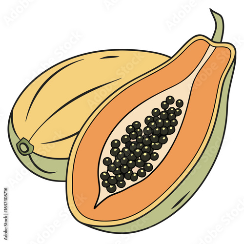 Ripe papaya cut in half showing seeds, isolated on white background