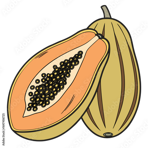 Whole and halved papaya, isolated on white background
