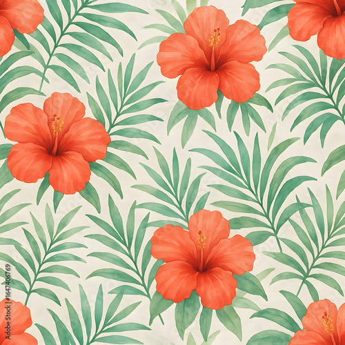 Tropical Paradise: Hibiscus blooms and vibrant green palm leaves intertwine to create a seamless pattern. This design captures the lushness of a tropical paradise.