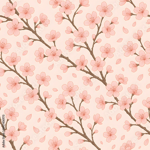 Blooming Cherry Blossoms: delicate cherry blossom branches gracefully spread across the image, offering a seamless pattern of floral beauty and the essence of spring.