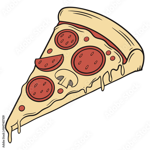 Slice of pepperoni and mushroom pizza with melted cheese, isolated on white background