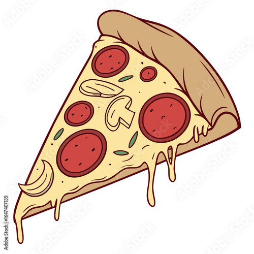 Slice of pepperoni and mushroom pizza with melted cheese, isolated on white background