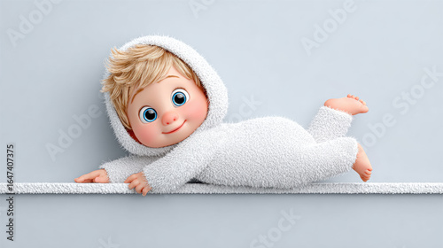 A cheerful cartoon baby crawling with a smile, rendered in 3D, perfect for playful and joyful themes.