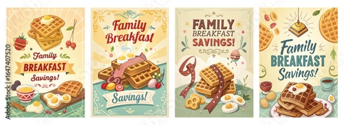 Colorful retro-inspired posters promoting family breakfast savings with delicious waffles and eggs.