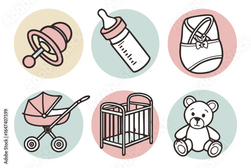 Baby essentials set bottle, pacifier, bassinet, stroller, crib, teddy