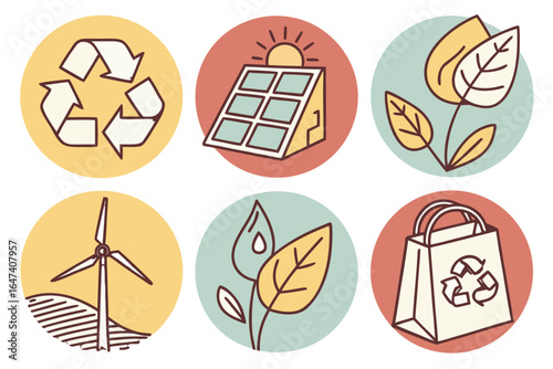 Set of ecofriendly icons including recycle symbol, solar panel, plant, wind turbine, and bag