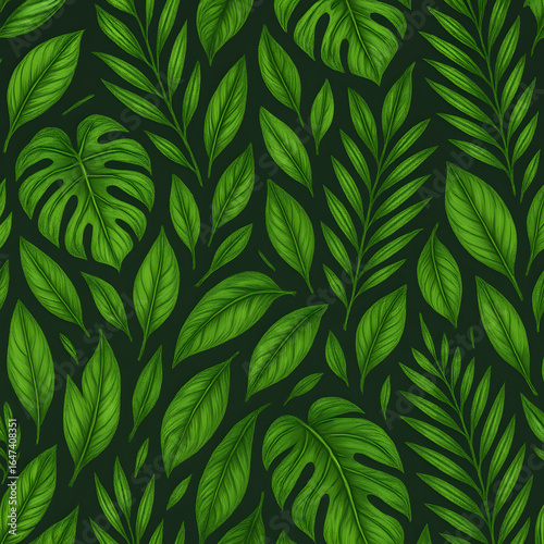 Botanical Canopy: A vibrant array of tropical leaves, meticulously arranged, creates a captivating seamless pattern, evoking a sense of lushness and natural serenity.