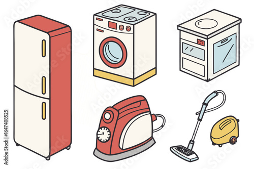 Set of home appliances including refrigerator, washing machine, stove, iron