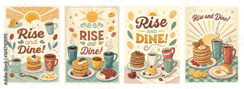 Colorful retro-style breakfast illustrations with pancakes, coffee, and cheerful elements.