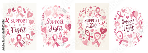 A vibrant collection of pink-themed illustrations promoting support for cancer awareness and the fight against breast cancer.