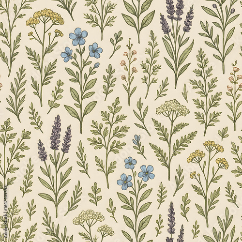 Botanical Harmony: A seamless pattern of various botanical illustrations featuring a diverse arrangement of herbs and flowers.