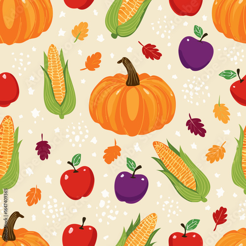 Seamless pattern with pumpkins, apples, grapes, corn, and leaves. Ideal for fall, Thanksgiving, and seasonal designs