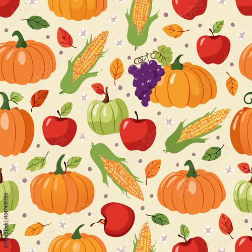 Seamless pattern with pumpkins, apples, grapes, corn, and leaves. Ideal for fall, Thanksgiving, and seasonal designs
