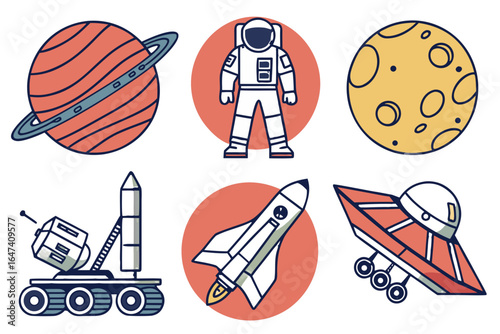Set of space travel icons featuring astronaut, rocket, planet, and rover