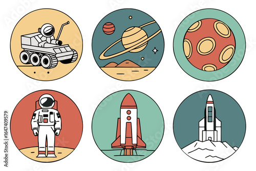 Various space exploration elements including astronaut, rover, and rockets