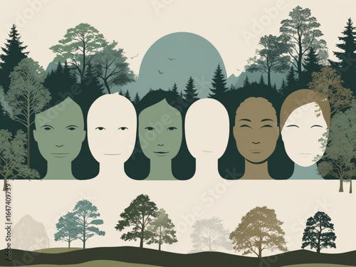 Harmony of Heritage: A united front of diverse faces, their expressions reflecting a shared connection to the environment, forming a symbolic illustration of inclusivity.