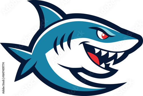 Aggressive blue shark mascot with sharp teeth and red eyes