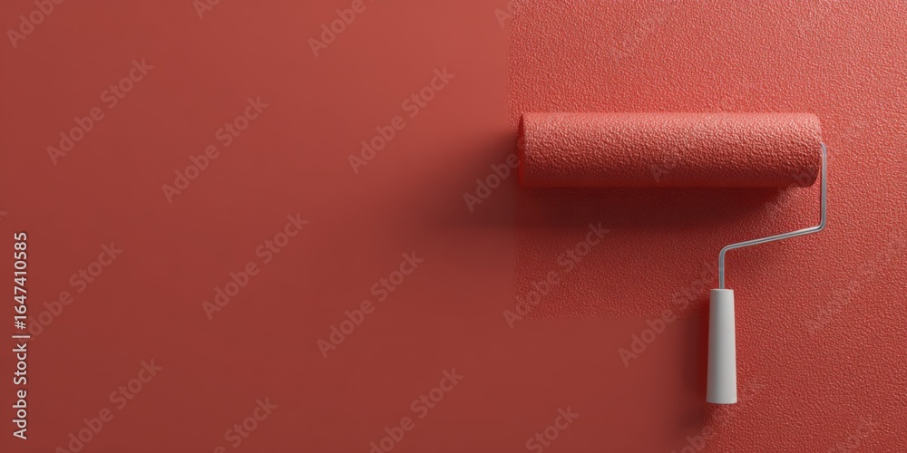 Obraz premium Paint roller applying fresh coat of coral color paint on wall, home improvement concept